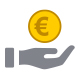 Icono de una moneda con el símbolo del euro, sobre una mano extendida